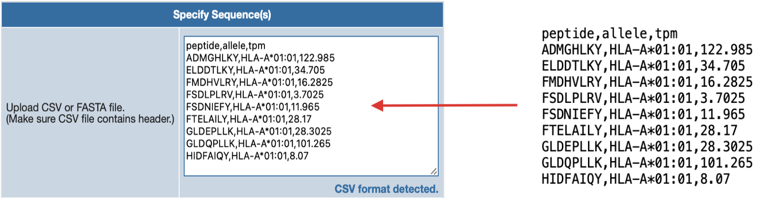 Peptide CSV Input Format Example 1